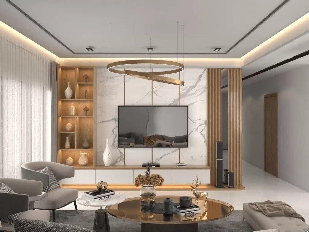 Modern gypsum ceiling combined with pendant lighting, adding a stylish highlight to the living room of a single-storey Japanese-style house