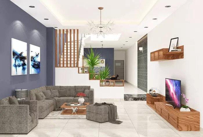 Modern gypsum ceiling paired with pendant lighting, creating an elegant focal point for the living room of a two-storey Japanese-style house