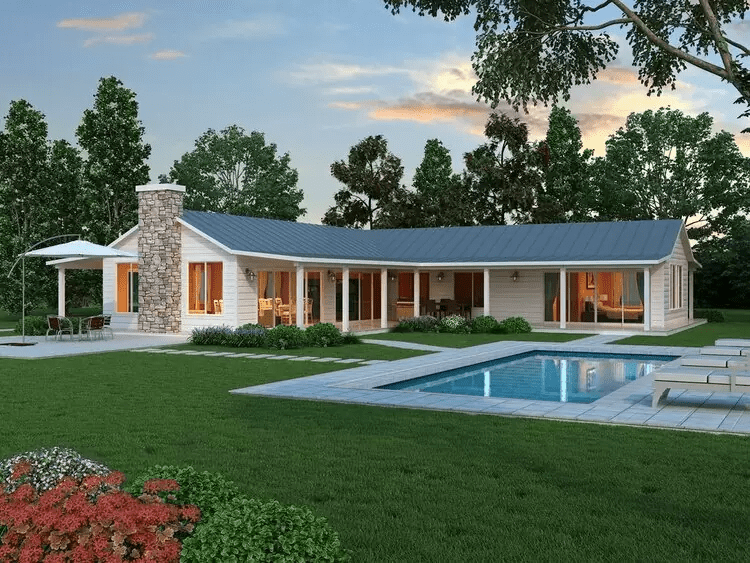 Mẫu nhà vườn cấp 4 chữ L với sân vườn rộng ở thành thị