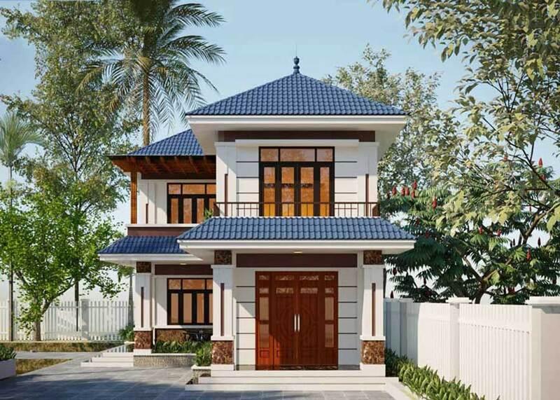 nhà 1 trệt 1 lầu mái thái ngói xanh