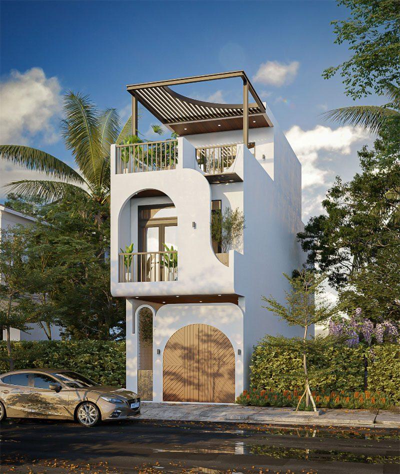 nhà 1 trệt 1 lầu 1 tum phong cách địa trung hải