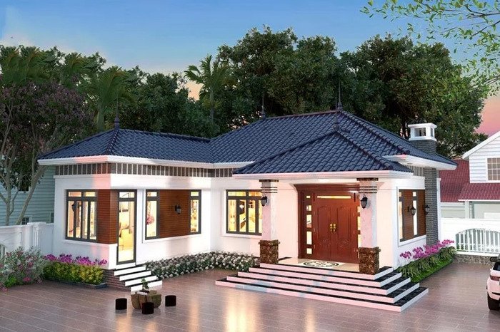 Mẫu nhà cấp 4 hình chữ L 3 phòng ngủ có mái tôn