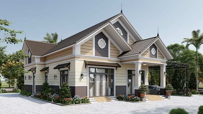 Mẫu nhà cấp 4 nông thôn chữ L mái tôn có gác lửng