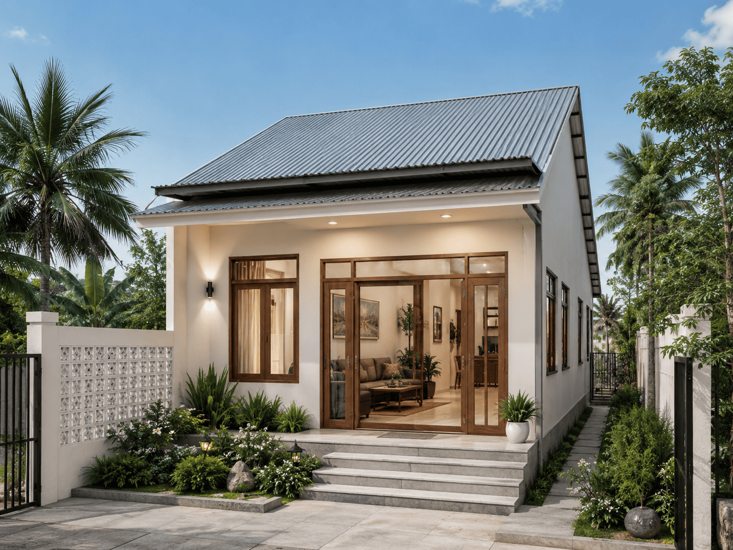 Nhà cấp 4 đẹp 5x20 mái tôn đơn giản với khoảng sân trước rộng, phù hợp xây dựng tại khu vực nông thôn hoặc ngoại ô