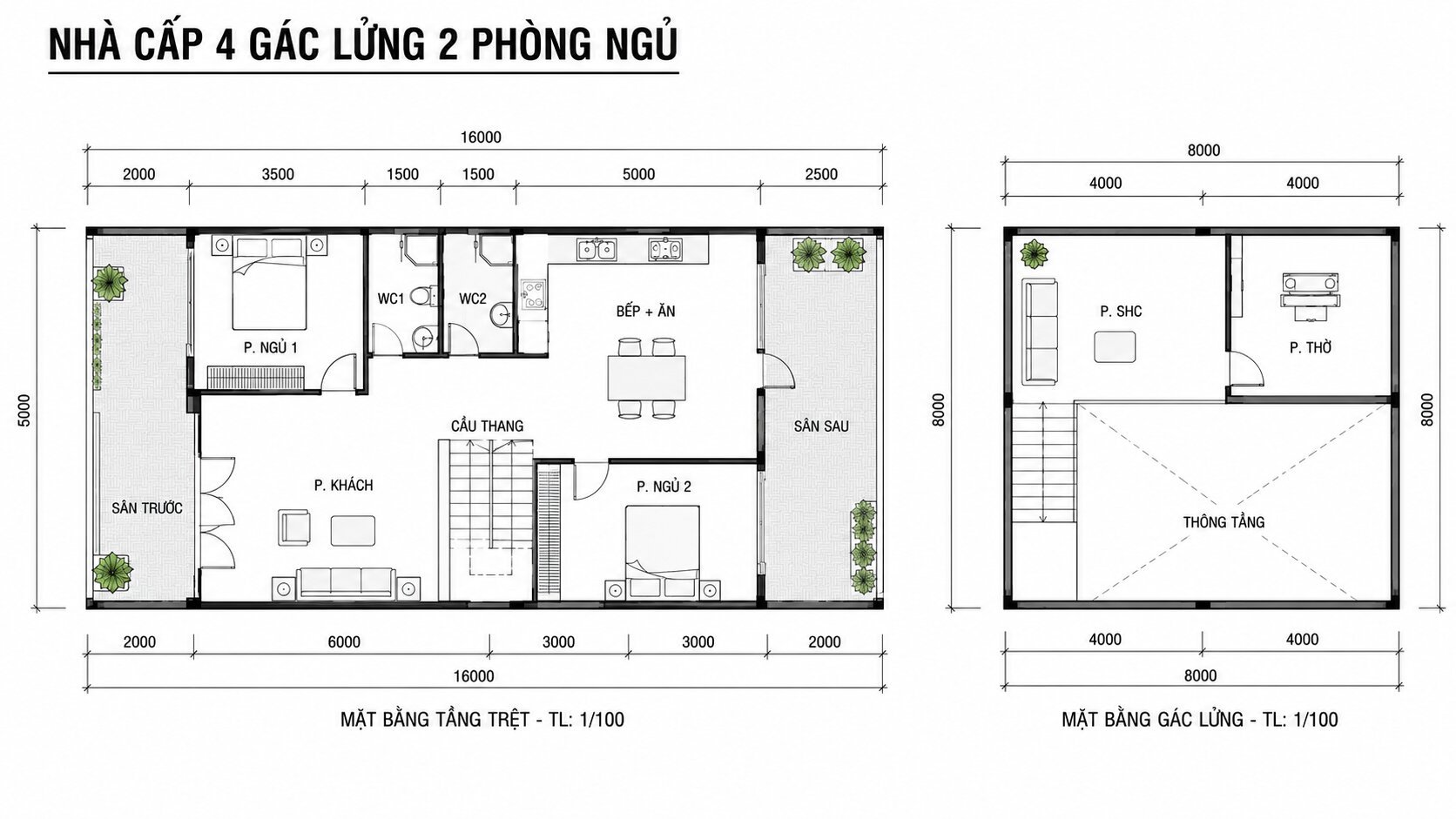 Bản vẽ nhà cấp 4 gác lửng 2 phòng ngủ