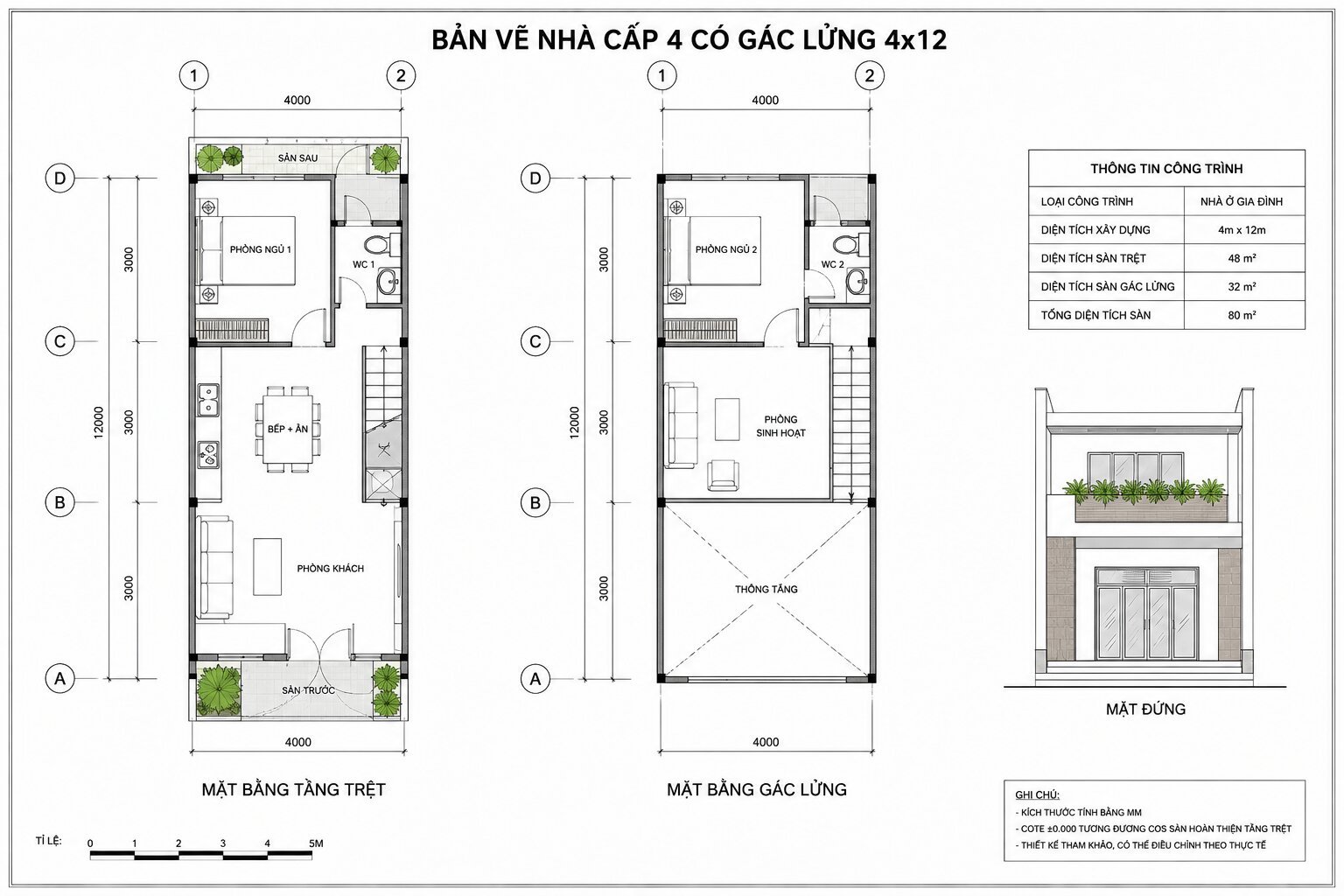 Bản vẽ nhà cấp 4 có gác lửng 4×12m