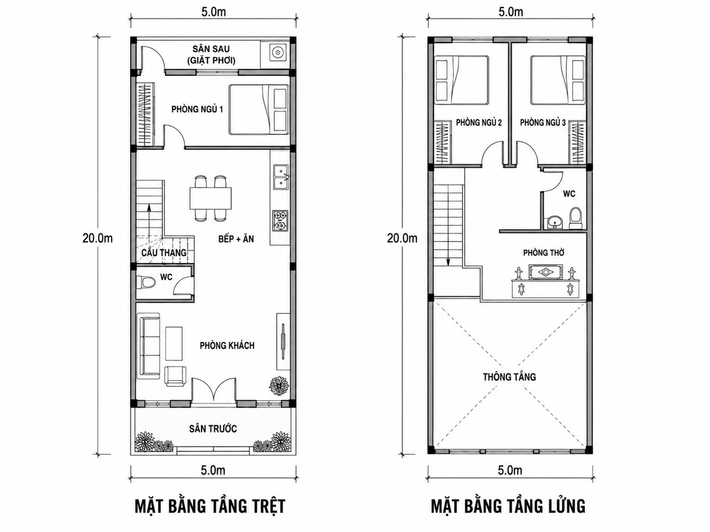 Bản vẽ nhà cấp 4 có gác lửng 5×20m
