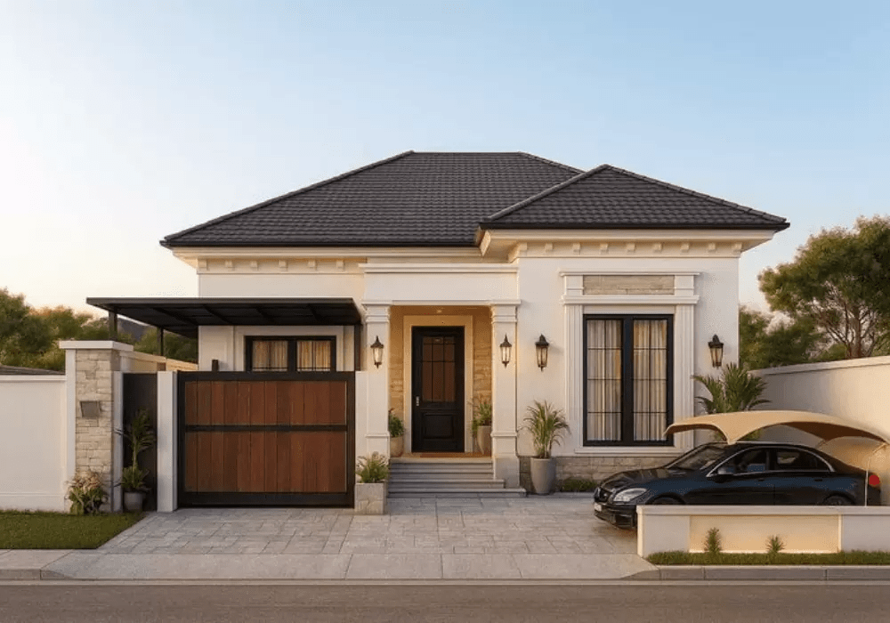 Nhà cấp 4 mái Nhật 3 phòng ngủ hiện đại với tông màu xám - trắng chủ đạo 