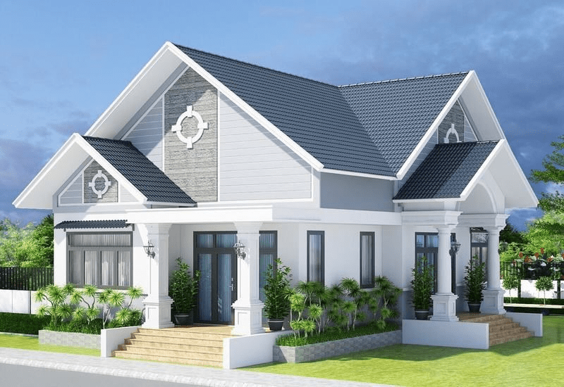 Nhà cấp 4 mái Thái 120m2 2 mặt tiền màu trắng - xanh dương