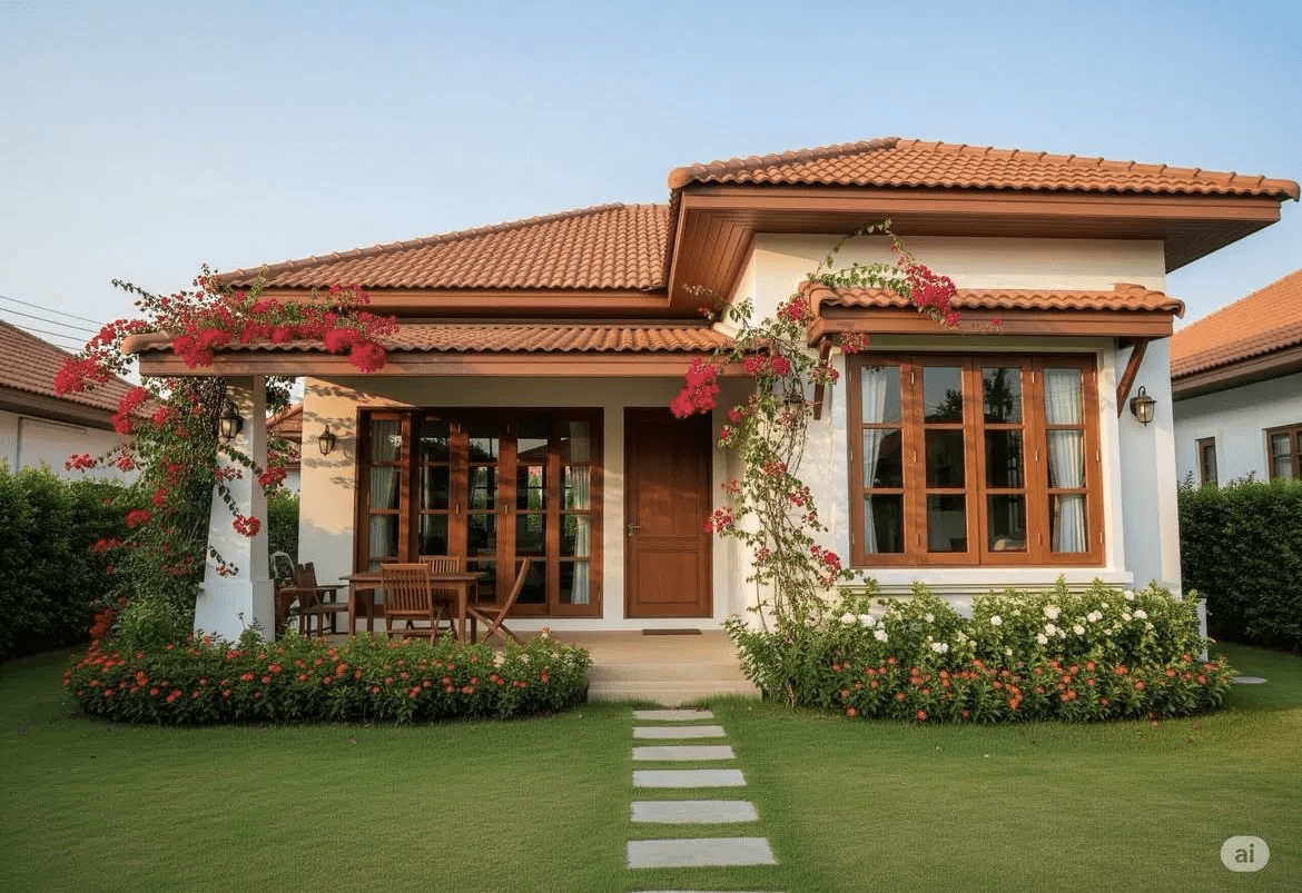 Nhà cấp 4 mái Thái chữ L nâu gạch được trang trí với hoa