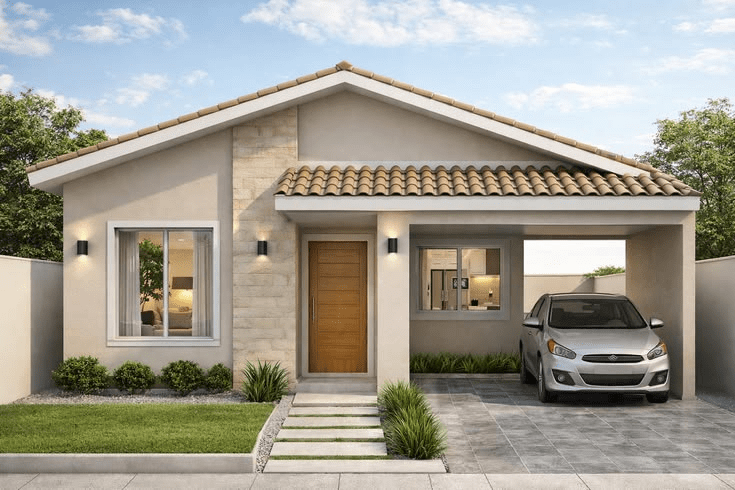 Nhà cấp 4 mái Thái 2 phòng ngủ có gara ô tô