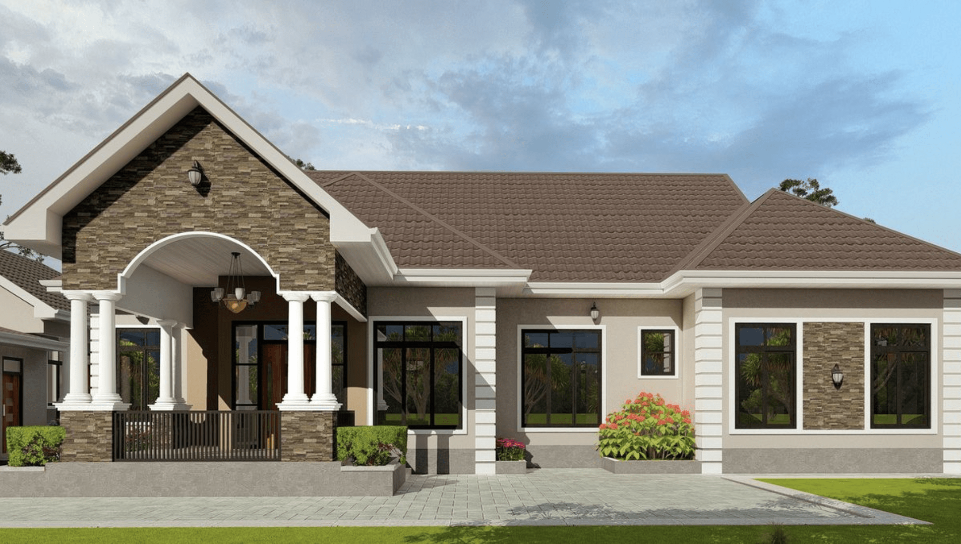Nhà cấp 4 mái Thái 120m2 màu nâu chủ đạo với những cột trụ vững chắc