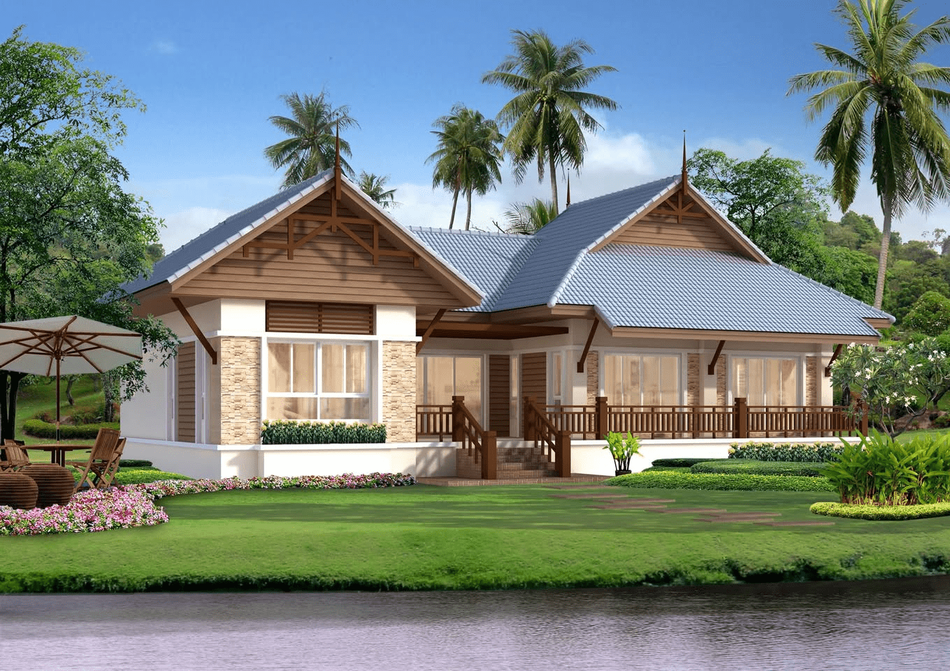 Nhà cấp 4 mái Thái ở nông thôn có mái lửng bằng gỗ