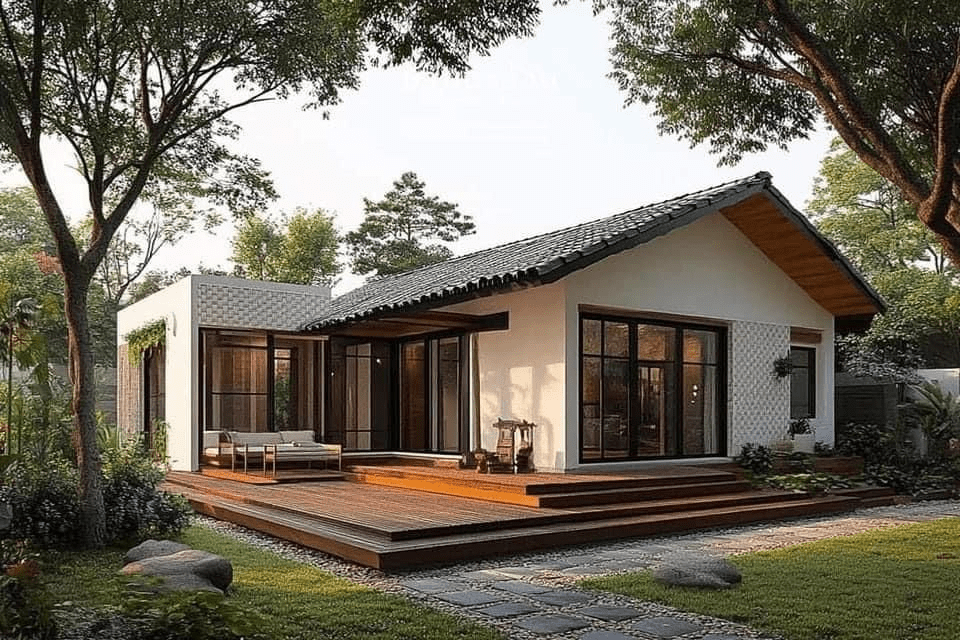 Nhà cấp 4 mái Thái chữ L phong cách Indochine