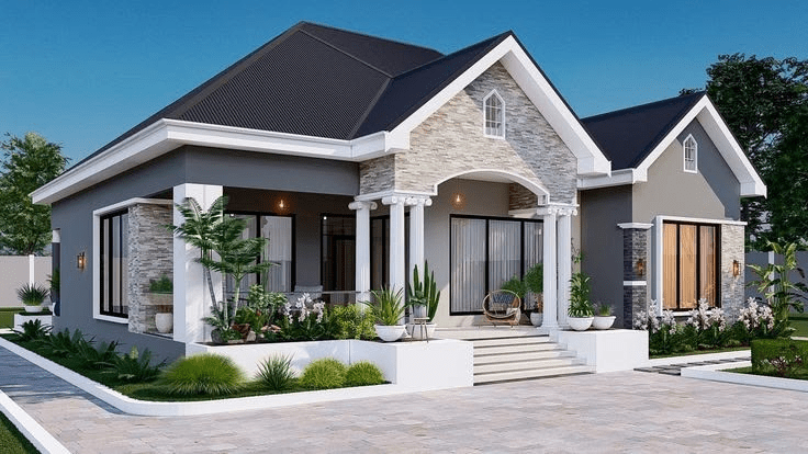Nhà cấp 4 mái Thái 120m2 có phần gác mái được ốp đá nghệ thuật