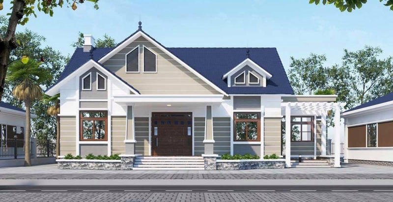 Mẫu nhà ngang cấp 4 mái Thái hiện đại, được ưa chuộng ở nông thôn