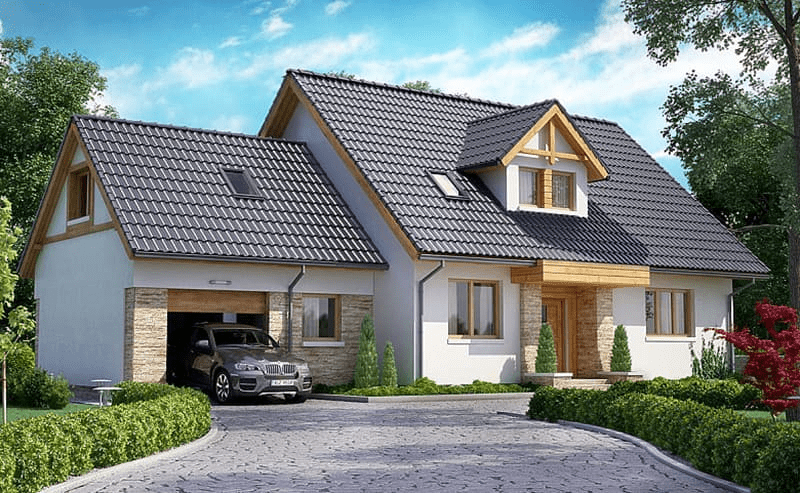 Nhà cấp 4 mái Thái có gara và phần gác lửng lớn nhiều cửa sổ