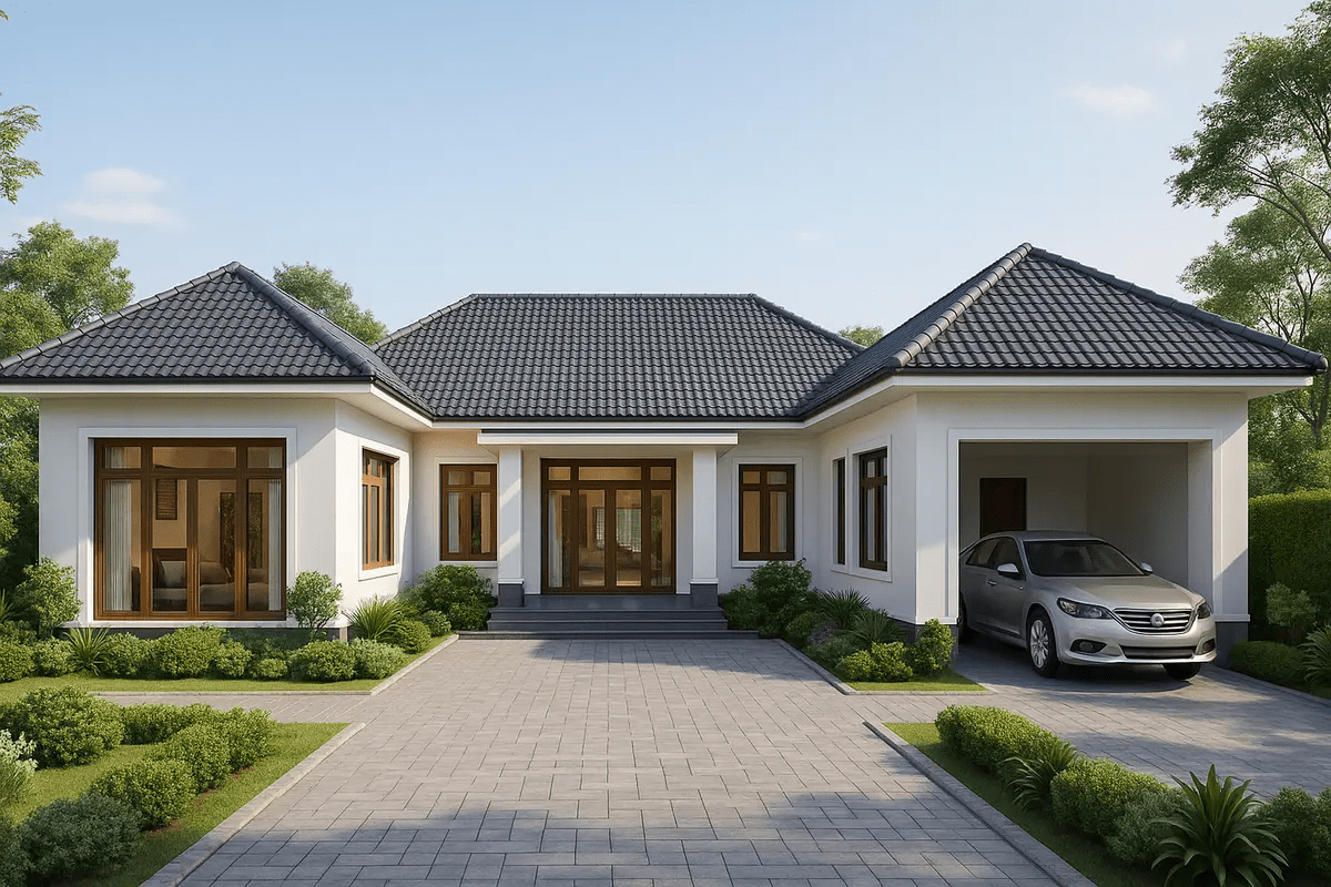 Nhà cấp 4 mái Thái chữ U bố trí sân trung tâm rộng, tạo khoảng đệm thoáng cho không gian sống