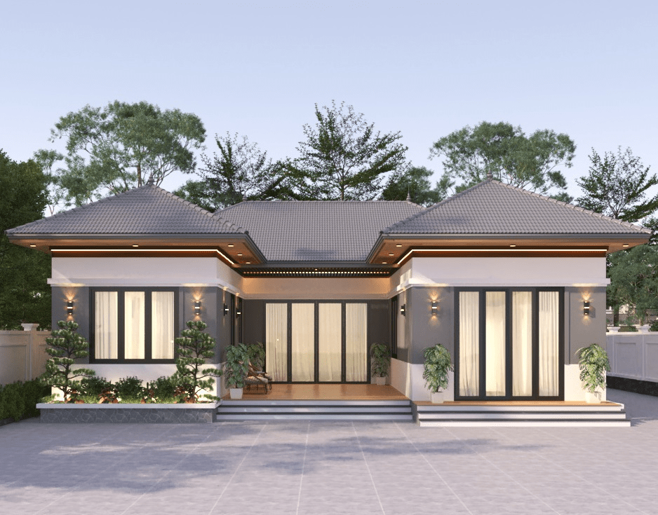 Nhà cấp 4 mái Thái chữ U kết hợp sân vườn, phù hợp khu đất có mặt tiền rộng