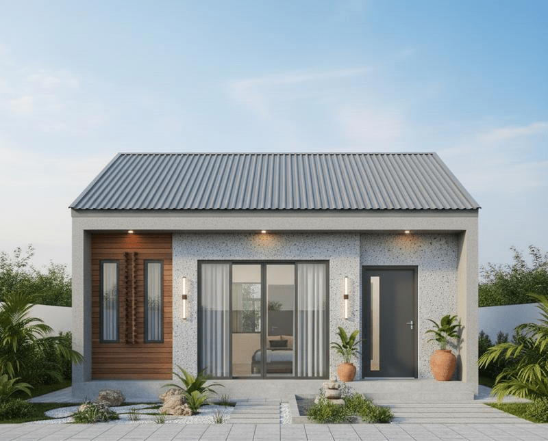 Nhà cấp 4 mái tôn 5x20 phong cách hiện đại, mặt tiền trắng xám, cửa kính lớn
