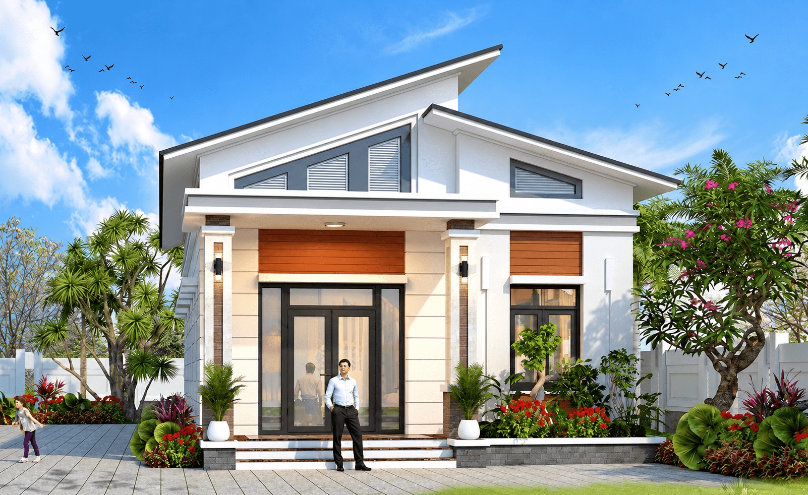 Nhà cấp 4 mái tôn lệch hiện đại, kết hợp cửa kính và gam màu trung tính
