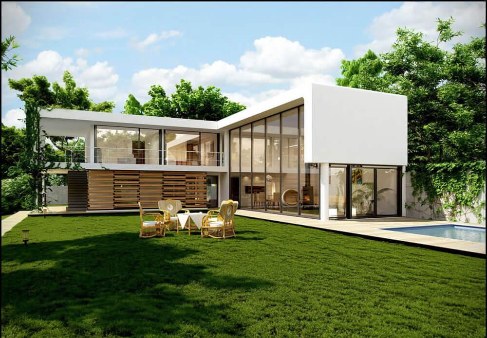 Thiết kế nhà chữ L với hệ thống cửa đón ánh nắng tự nhiên