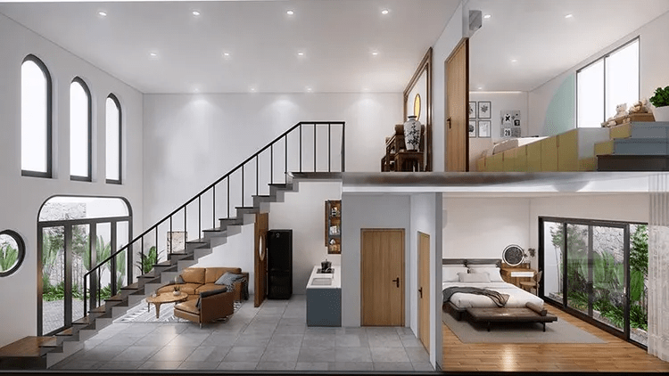 Mẫu nhà gác lửng 5x12 2 phòng ngủ tiết kiệm chi phí