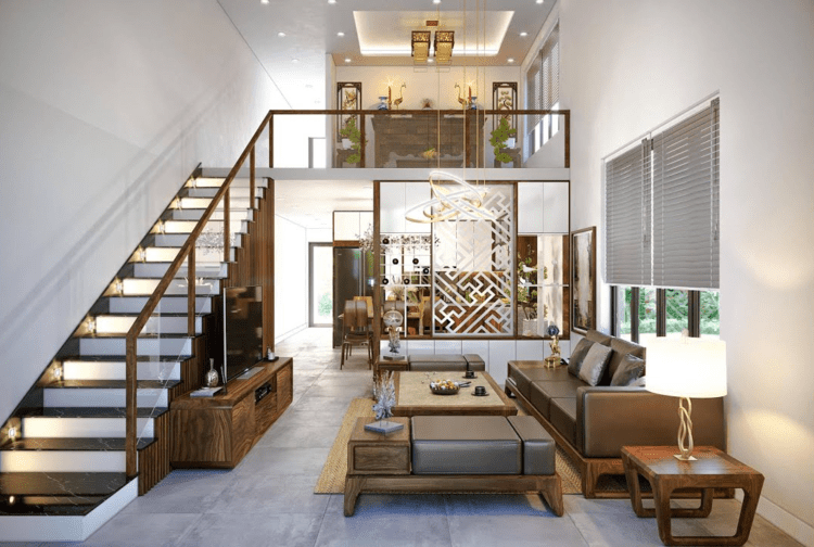 Mẫu nhà gác lửng 5x12 có 2 phòng ngủ, 1 phòng thờ