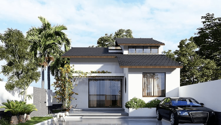 Nhà gác lửng chữ L nông thôn 3 phòng ngủ đơn giản