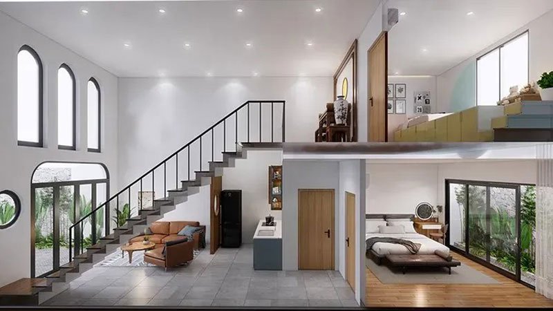 Mẫu nhà gác lửng chữ L hiện đại, tiết kiệm diện tích
