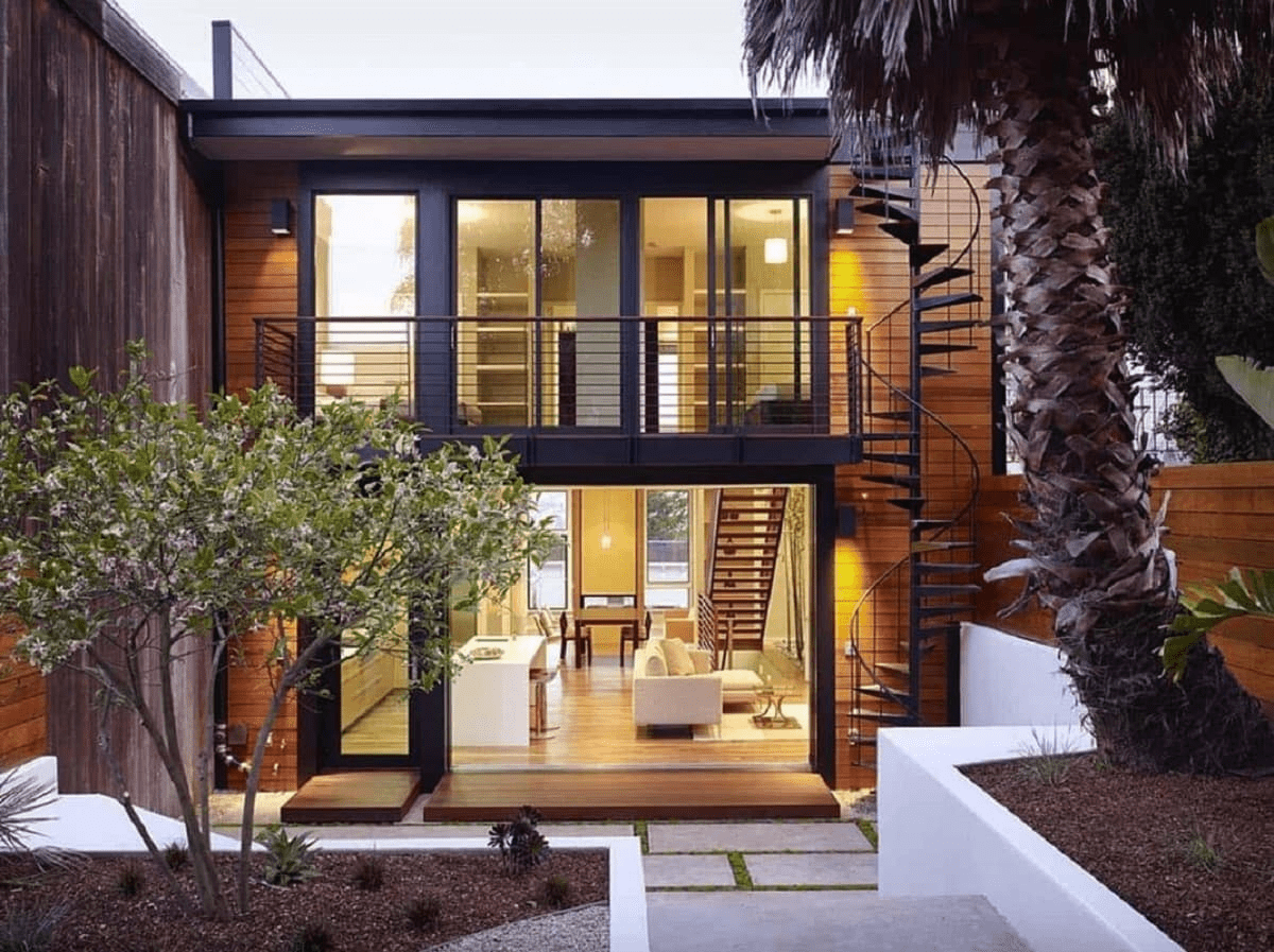 Mẫu nhà khung thép hiện đại với hệ vách kính lớn