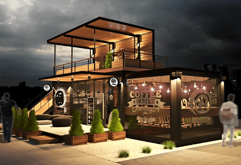 Nhà lắp ghép sử dụng làm quán cà phê giúp tiết kiệm chi phí đầu tư, dễ dàng thiết kế theo phong cách riêng và thi công nhanh chóng trong thời gian ngắn