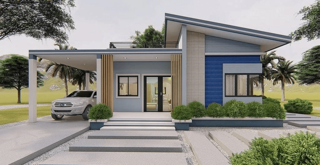 Mẫu nhà cấp 4 mái lệch có gara ô tô hiện đại