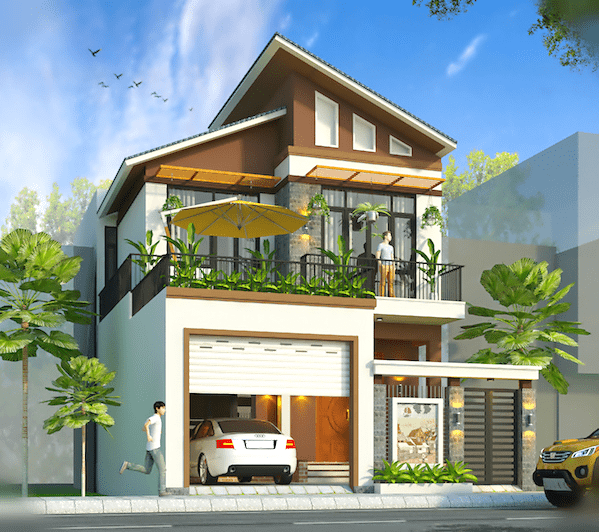 Mẫu nhà mái lệch có gara ô tô tiện nghi