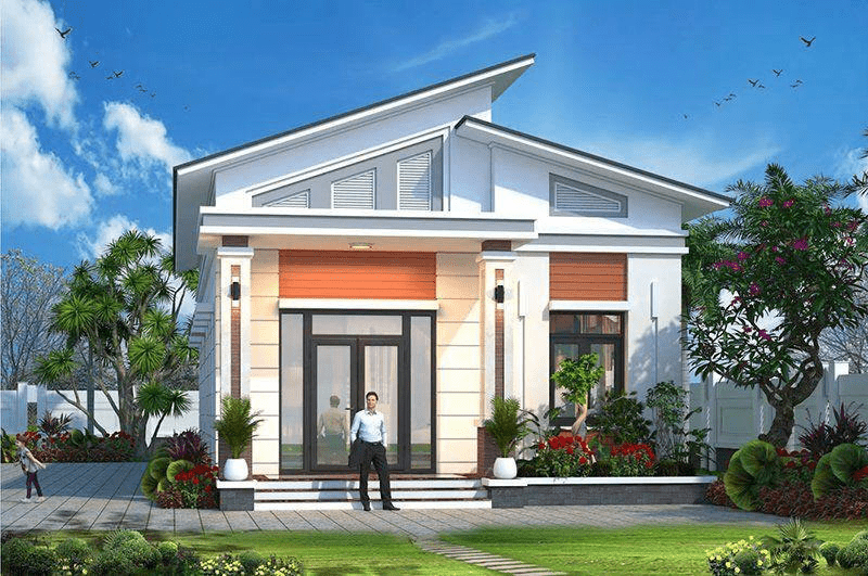 Mẫu nhà mái lệch có sân vườn gần gũi thiên nhiên