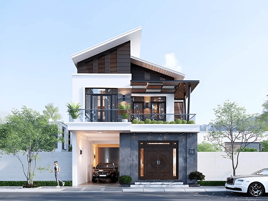Mẫu nhà 2 tầng mái lệch hiện đại
