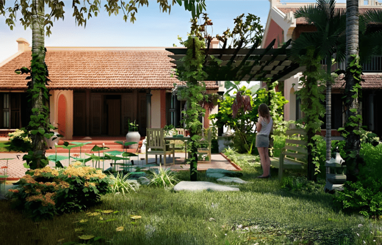 mẫu nhà mái ngói cấp 4 có sân vườn rộng rãi