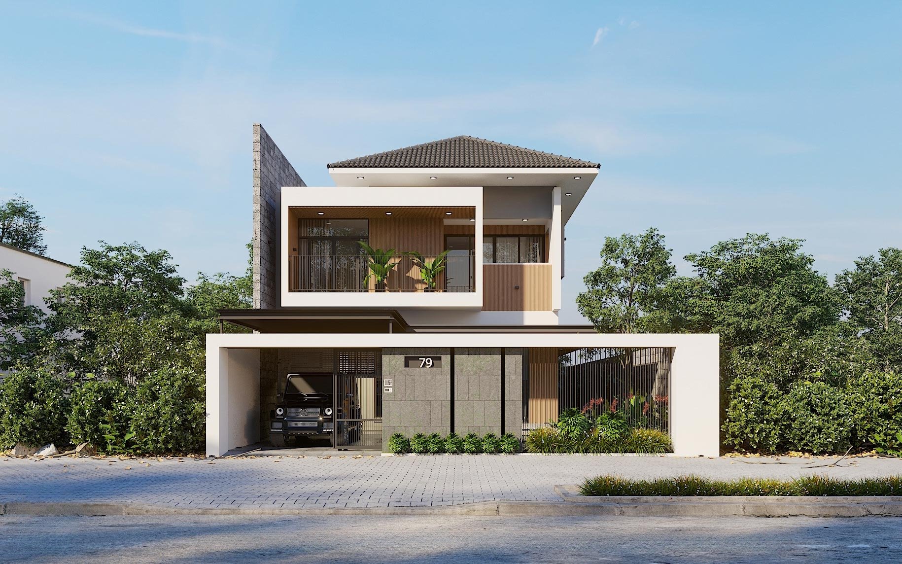 Nhà 2 tầng mái Nhật hiện đại chữ L sân vườn rộng rãi