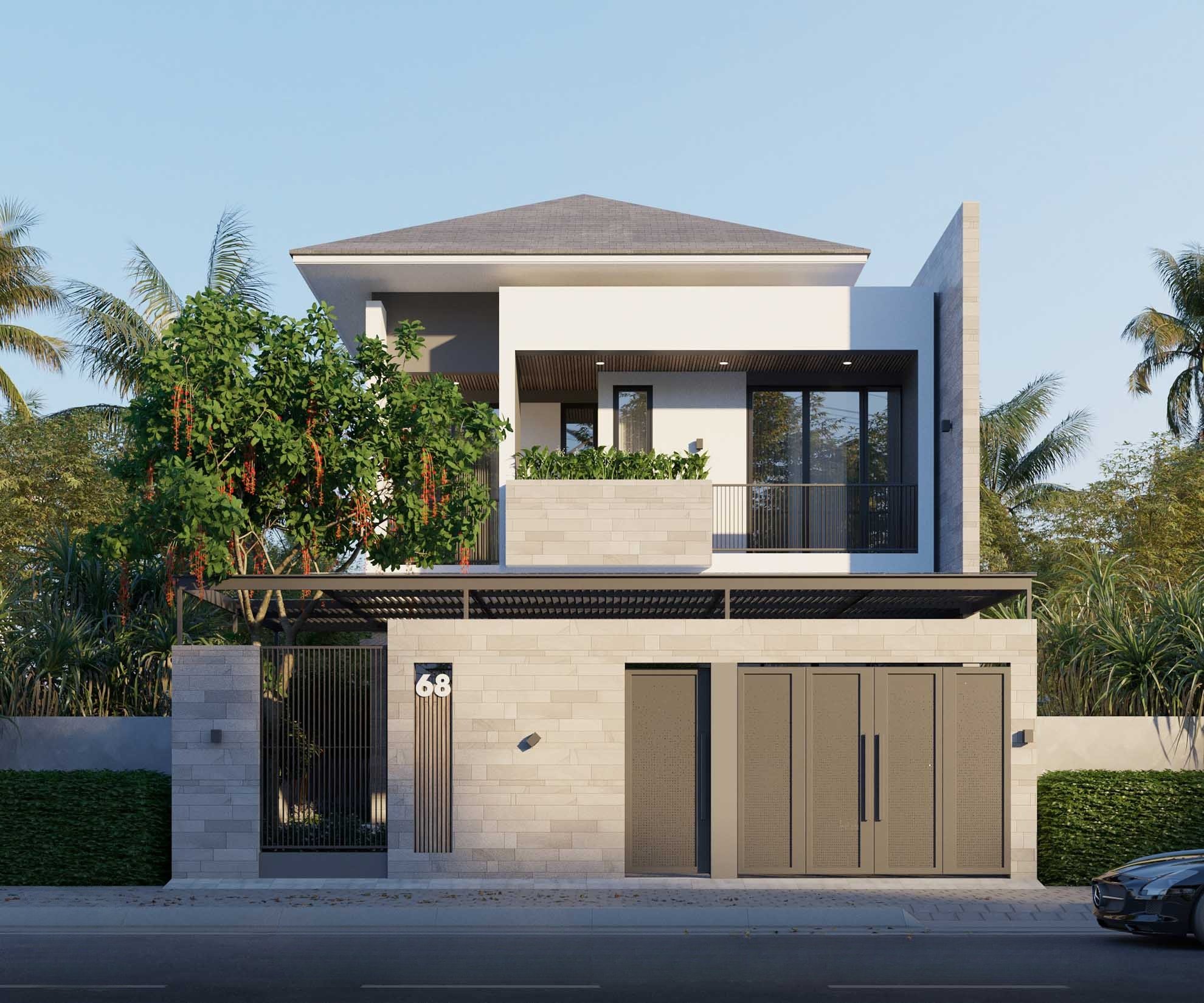 Mẫu nhà ống 2 tầng mái Nhật hiện đại