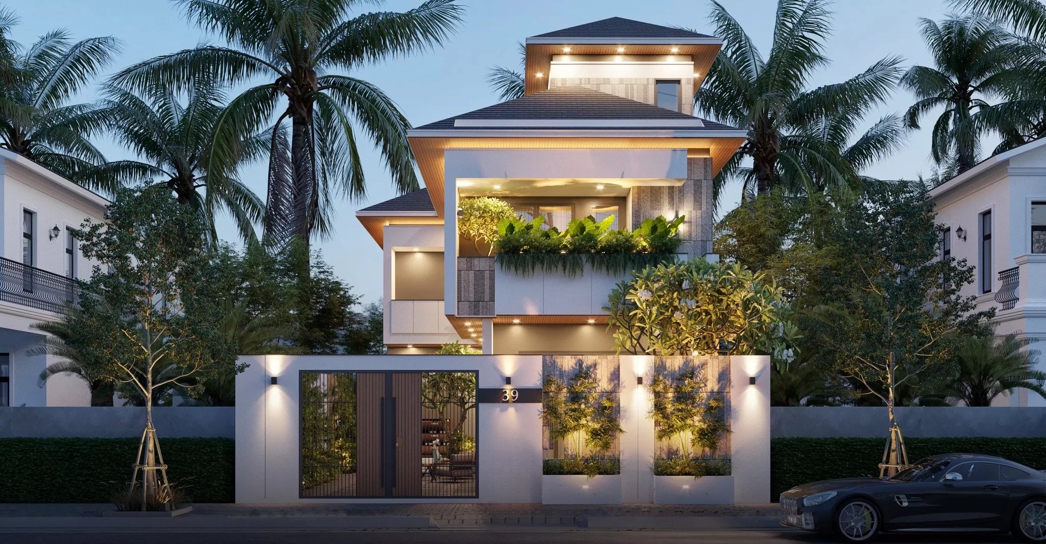 mẫu thiết kế biệt thự 2 tầng mái Nhật với phần mái đặc trưng