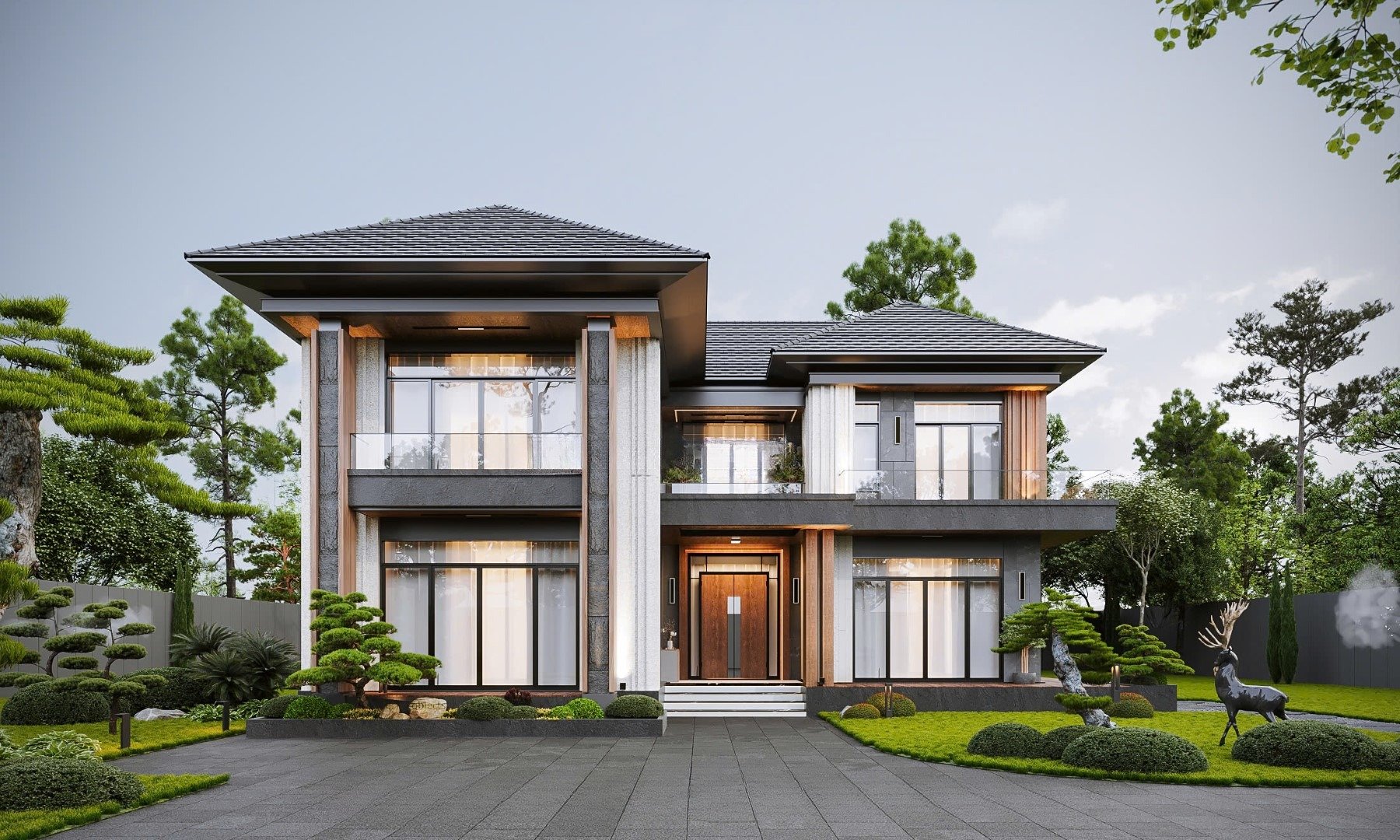 Mẫu nhà mái Nhật 2 tầng 5 phòng ngủ cho gia đình nhiều thế hệ