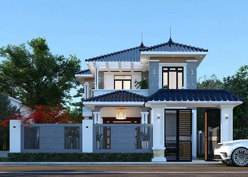 Thiết kế nhà mái Nhật 2 tầng 2 sảnh