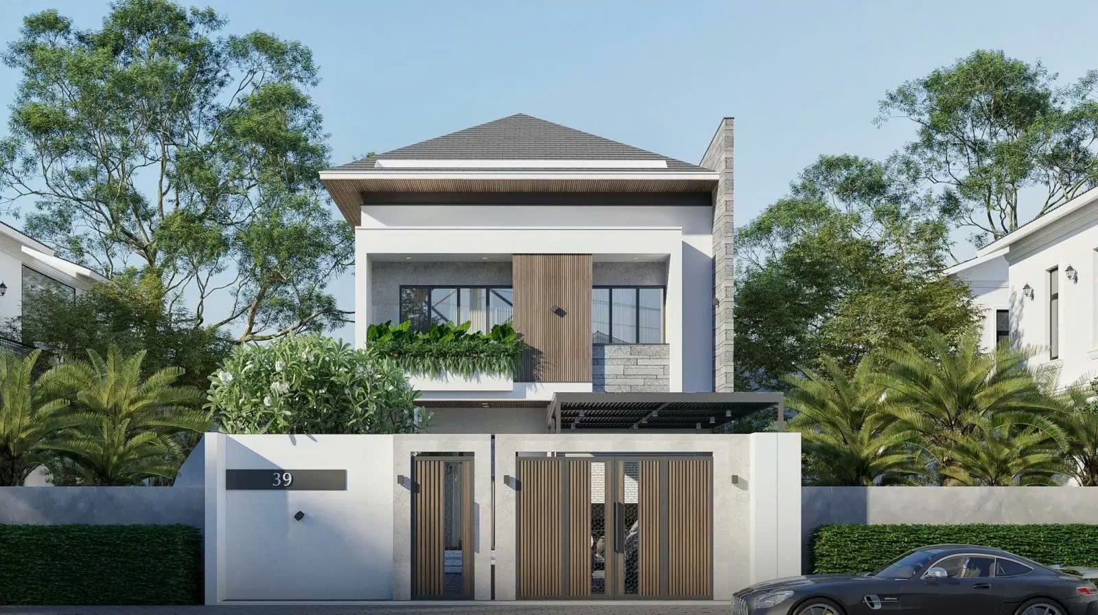 Mẫu nhà ống 2 tầng mái Nhật hiện đại