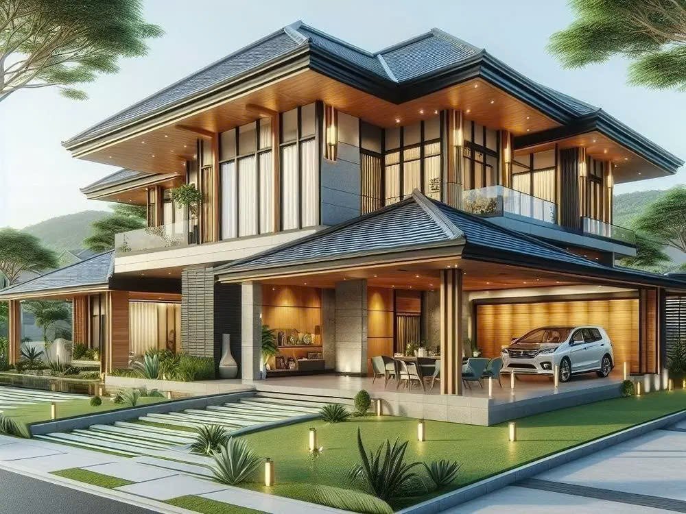 Mẫu nhà mái Nhật 2 tầng có gara ô tô