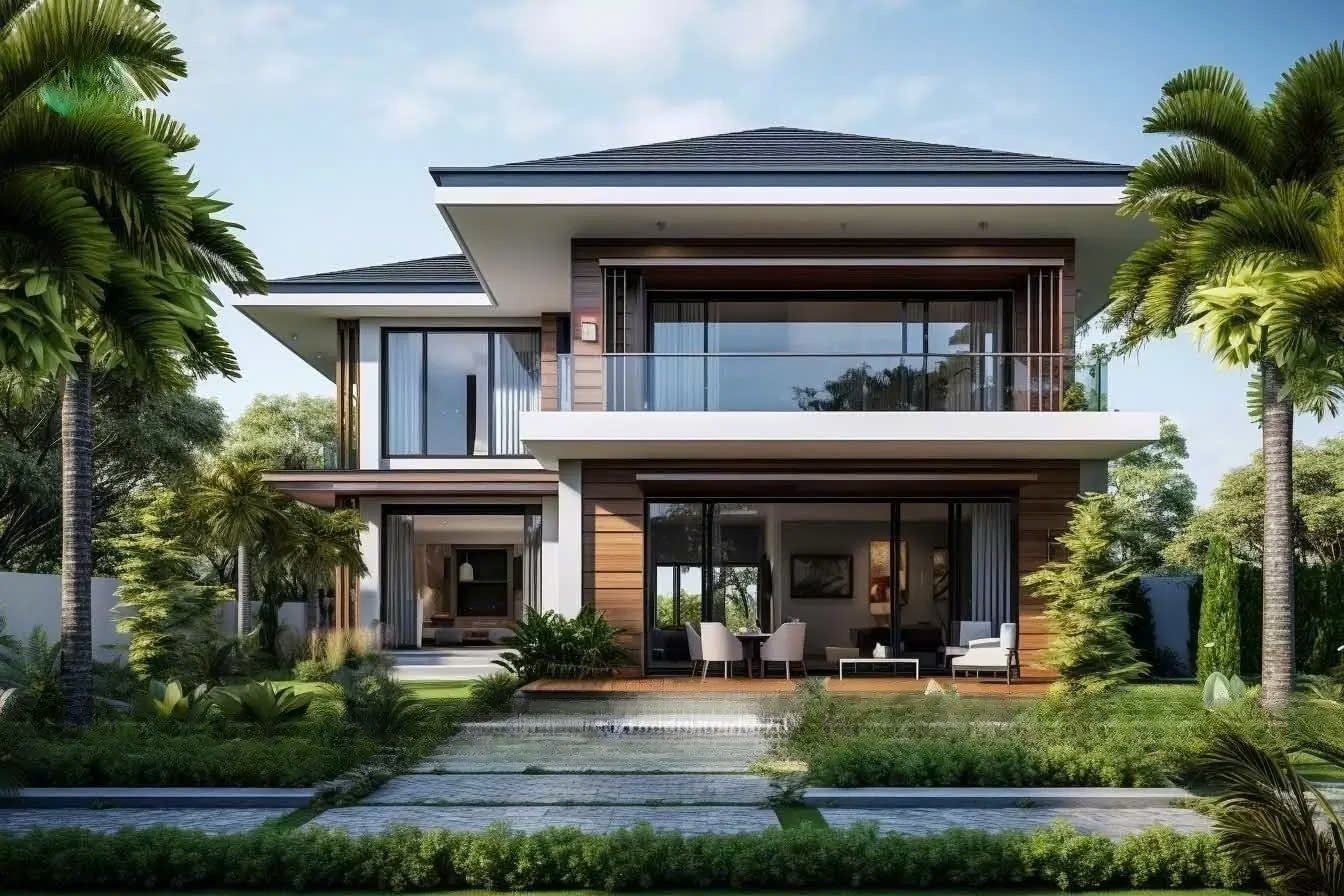 Mẫu nhà mái Nhật 2 tầng có sân vườn xanh mát