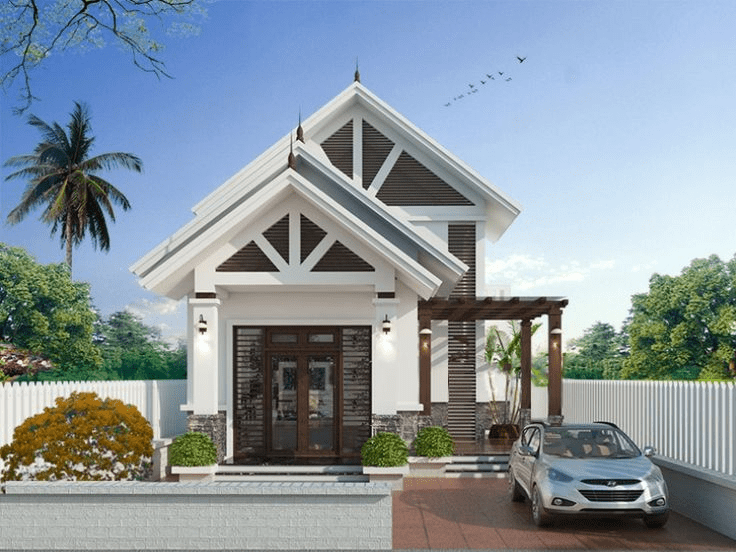 Mẫu nhà mái Thái 1 tầng có gara ô tô phù hợp với những gia đình sống ở ngoại ô hoặc vùng ven
