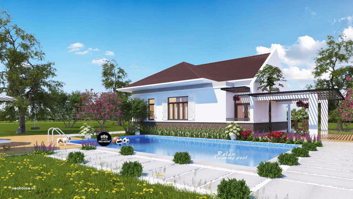 Mẫu nhà mái Thái 1 tầng có hồ bơi mang đến không gian sống thư giãn và đẳng cấp