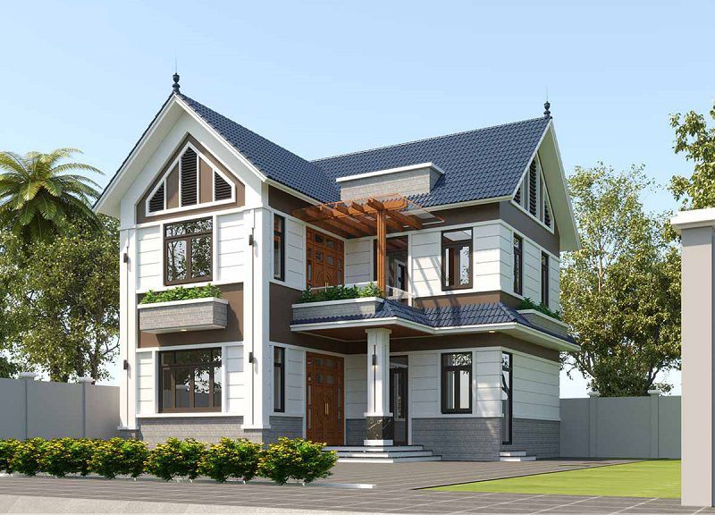 nhà mái thái 2 tầng chữ L đơn giản