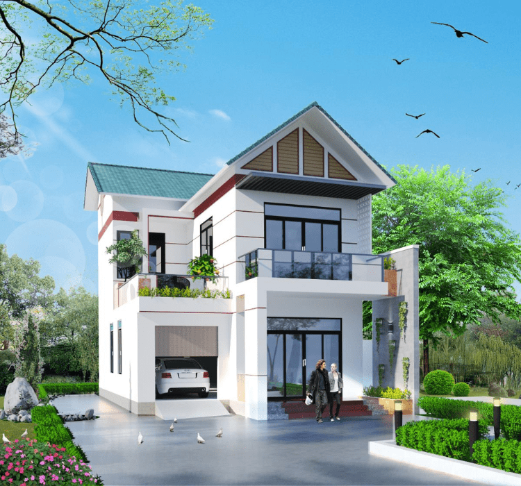 Mẫu nhà 2 tầng mái thái có gara ô tô