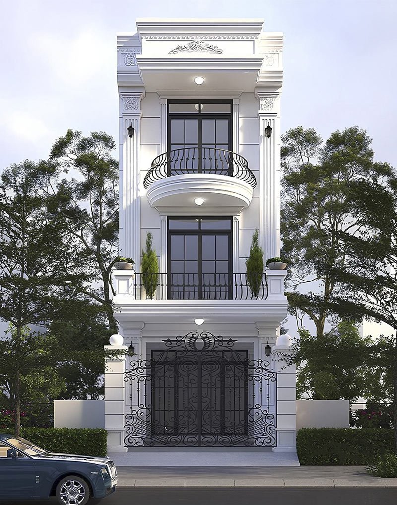 nhà ống 3 tầng 5m tân cổ điển màu trắng